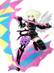  1boy black_gloves black_jacket blonde_hair c_kihara chest fire gloves green_hair half_gloves jacket kray_foresight lio_fotia looking_at_viewer mad_burnish male_focus promare purple_eyes shorts simple_background single_wing solo sword weapon white_background wings 