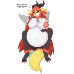  1:1 2019 absurd_res alpha_channel antennae_(anatomy) anthro belly big_belly big_breasts bodily_fluids breasts breeder_(species) canid canine delphox dialogue drooling english_text female fur hair hand_on_stomach hi_res horn huge_breasts inner_ear_fluff lily looking_at_viewer mammal navel nintendo nipples nude open_mouth pok&eacute;mon pok&eacute;mon_(species) pregnant saliva simple_background smile solo species_transformation speech_bubble spread_legs spreading text tongue tongue_out transformation unidentified-tf video_games wings 
