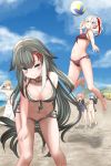  5girls :3 absurdres admiral_graf_spee_(azur_lane) ahoge alternate_costume azur_lane ball bangs beach beach_volleyball beachball bikini black_bikini black_hair blonde_hair blue_eyes blue_hair blue_sky breasts breasts_apart cleavage closed_mouth cloud commentary_request day deutschland_(azur_lane) deutschland_(service_time?!)_(azur_lane) eyebrows_visible_through_hair full_body hand_on_own_thigh highres long_hair looking_at_viewer midriff mole mole_on_stomach multiple_girls naughty_face navel nukotume ocean open_mouth orange_hair outdoors parted_lips raised_eyebrow sand sarong school_swimsuit short_hair sky smile smirk standing stomach summer swimsuit u-556_(azur_lane) u-81_(azur_lane) very_long_hair white_hair z23_(azur_lane) 