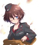  1girl akaboshi_koume black_headwear black_jacket blue_eyes brown_hair commentary dress_shirt eyebrows_visible_through_hair garrison_cap girls_und_panzer hand_on_own_throat hat highres insignia jacket kuromorimine_military_uniform kuzuryuu_kennosuke light_frown long_sleeves looking_at_viewer military military_hat military_uniform one_eye_closed parted_lips red_shirt shirt short_hair solo tank_cupola throat_microphone uniform wavy_hair wing_collar 