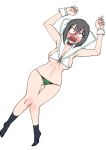  1girl arms_up ass_visible_through_thighs bangs bikini black-framed_eyewear black_choker black_eyes black_hair black_legwear blush bow_choker breasts choker commentary_request constricted_pupils dutch_angle embarrassed fang from_above frown full-face_blush girls_und_panzer green_bikini_bottom kawashima_momo legs lying medium_breasts mismatched_bikini monocle on_back open_mouth sailor_bikini sailor_collar semi-rimless_eyewear short_hair simple_background skindentation socks solo sweatdrop swimsuit thigh_gap tibonobannsann under-rim_eyewear white_background white_bikini_top wrist_cuffs 