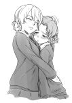  2girls bangs blush braid closed_eyes darjeeling dated girls_und_panzer hand_on_another&#039;s_head highres hug monochrome multiple_girls necktie orange_pekoe school_uniform signature simple_background skirt smile st._gloriana&#039;s_school_uniform sweater user_nuur5827 