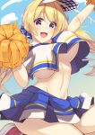  1girl :d absurdres alternate_costume arm_up blonde_hair blue_sky breasts cheerleader cloud commentary_request crop_top crop_top_overhang day hakoniwa-boxer hand_up highres hip_focus jumping large_breasts legs lena_liechtenauer long_hair looking_at_viewer navel no_bra open_mouth partial_commentary pom_poms purple_eyes scrunchie senren_banka shoes sky smile sneakers solo thighs twintails visor yuzu-soft 