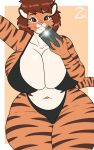  absurd_res big_breasts bikini breasts cellphone cleavage clothed clothing felid female hi_res huge_breasts mammal navel pantherine phone swimwear thick_thighs tiger voluptuous wide_hips zeromccall 