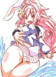 animal_ears ass blue_shirt bunny_ears bunny_tail crescent crescent_hair_ornament fang from_behind from_below hair_ornament highres kantai_collection long_hair looking_back looking_down no_pants ooba_jun open_mouth panties pink_eyes pink_hair school_uniform serafuku shirt sketch smile striped striped_panties tail thighs underwear uzuki_(kantai_collection) very_long_hair white_panties 