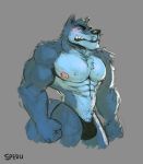  abs anthro biceps big_bulge big_muscles big_pecs blush bulge canid canine canis clothed clothing digital_media_(artwork) fur hi_res male mammal muscular muscular_male nipples pecs penis simple_background solo spedumon topless ulfrick_(spedumon) underwear wolf 