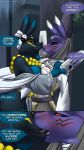  2018 anthro black_sclera blush breast_squish breasts breasts_frottage canid canine clothed clothing comic dialogue digimon digimon_(species) doumon duo english_text female female/female furball hi_res kissing mammal open_mouth outside red_eyes renamon smile squish srymaimon standing taomon text wide_hips 