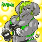  2019 anthro baikobits big_breasts breasts cleavage clothed clothing colored_nails ear_piercing elephant elephantid female flexing gauged_ear green_eyes green_hair hair huge_breasts looking_at_viewer mammal muscular nails piercing proboscidean ramona_(baikobits) smile solo tight_clothing trunk 
