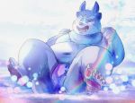  2019 absurd_res anthro beach belly bulge clothing eyes_closed hi_res humanoid_hands inushishigami male moobs mouse_sully navel overweight overweight_male rainbow seaside solo tokyo_afterschool_summoners tsathoggua underwear video_games water 