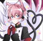  1girl animal_ears blue_eyes blush braid dog_ears elsa_(symphogear) fingers_together gloves heart highres kiraki multicolored_hair pink_hair red_gloves senki_zesshou_symphogear tail two-tone_hair white_hair 