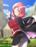  1girl adjusting_clothes adjusting_gloves bandage_over_one_eye black_cape black_skirt blurry blurry_background blush bunbun_(midukikome) cape commentary_request cosplay fate/grand_order fate_(series) florence_nightingale_(fate/grand_order) florence_nightingale_(fate/grand_order)_(cosplay) gloves highres jacket looking_at_viewer love_live! love_live!_school_idol_project military military_uniform nishikino_maki pantyhose pleated_skirt purple_eyes red_hair red_jacket short_hair skirt smile solo uniform white_legwear 