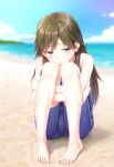  1girl arashio_(kantai_collection) barefoot beach blue_sky blue_swimsuit blurry brown_eyes brown_hair cloud commentary_request day depth_of_field gotou_hisashi kantai_collection leg_hug long_hair looking_to_the_side nontraditional_school_swimsuit outdoors school_swimsuit sitting sky solo swimsuit 