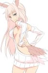  1girl arms_behind_back ass bird_tail blue_eyes breasts detached_sleeves feathers hanna-justina_marseille head_wings large_breasts long_hair meme_attire pink_hair sakuraidai sideboob sleeves_past_wrists smile solo strike_witches tail thighs virgin_killer_sweater white_background world_witches_series 