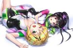  2girls absurdres akatsuki_kirika bangs black_hair blonde_hair blunt_bangs breasts cleavage green_eyes hair_ornament highres jacket leotard long_hair looking_at_viewer lying medium_breasts multiple_girls niyu_n_iyun on_back pants pink_eyes senki_zesshou_symphogear shiny shiny_hair shiny_skin short_hair small_breasts sweat towel track_jacket track_pants track_suit tsukuyomi_shirabe twintails x_hair_ornament zipper 