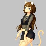  1:1 accessory anthro blue_eyes bottomwear breasts cleavage clothed clothing domestic_cat felid feline felis female hair hair_accessory hoodie looking_at_viewer mammal miniskirt neonway ponytail simple_background skirt solo topwear translucent translucent_clothing 