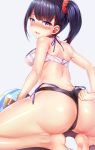  1girl ass ball bangs bare_arms bare_shoulders beachball bikini black_bikini black_hair blue_bikini blue_eyes blush breasts commentary_request eyebrows_visible_through_hair from_behind hair_ornament highres kneeling looking_at_viewer medium_breasts parted_lips red_scrunchie scrunchie side_ponytail silly_(marinkomoe) simple_background solo ssss.gridman swimsuit takarada_rikka white_background 