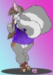  2019 anthro baikobits blue_eyes breasts brown_hair butt canid canine canis clothed clothing colored_nails domestic_dog female footwear hair mammal mei_(baikobits) nails shoes side_boob simple_background solo tuft voluptuous wide_hips 