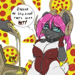  1:1 2019 anthro baiko baikobits big_breasts bovid breasts caprine cleavage clothed clothing collar eyewear food glasses green_eyes hair hand_on_face hi_res horn mammal pink_hair pizza sheep smile tight_clothing voluptuous wide_hips 