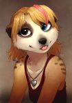  2019 anthro black_nose blep breasts clothed clothing female fur herpestid heterochromia mammal meerkat simple_background solo tan_fur tasanko tongue tongue_out 