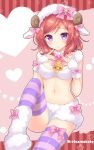  1girl :o \||/ animal_costume animal_ears bell blush boots bow commentary_request finger_to_mouth fingerless_gloves fur fur_boots fur_hat gloves hat hat_bow heart highres horns looking_at_viewer love_live! love_live!_school_idol_project midriff navel nishikino_maki purple_eyes red_hair sakurai_makoto_(custom_size) sheep_costume sheep_ears sheep_horns short_hair sitting solo striped striped_legwear textless thighhighs twitter_username 