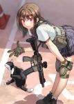  assault_rifle blurry blush brown_hair cat commentary depth_of_field from_above gloves gun knee_pads kws leaning_forward load_bearing_vest looking_to_the_side m4_carbine military original pleated_skirt pose purple_eyes rifle school_uniform signature skirt smile weapon 