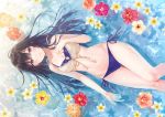  bikini black_hair blue_eyes blush breasts cleavage flowers fukahire_sanba long_hair navel original swimsuit water 