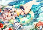 1girl ayanami_(azur_lane) azur_lane belt breasts cluseller cup day detached_sleeves drinking_straw floral_print flower food fruit innertube long_hair looking_at_viewer navel outdoors red_eyes see-through small_breasts solo thighhighs thighs watermelon white_legwear 