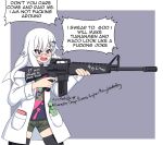  1girl area_51-chan artist_name assault_rifle black_legwear blush camouflage camouflage_shorts collar commentary english_commentary english_text fang gun hair_between_eyes highres holding holding_gun holding_weapon labcoat long_hair m16 mantisshrimpp meme open_mouth original personification profanity purple_eyes rifle shirt short_shorts shorts simple_background solo t-shirt tagme thighhighs trigger_discipline weapon weapon_request white_hair zettai_ryouiki 