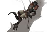  anthro armor axe barefoot black_scales bracers claws clothed clothing digitigrade dragon fog gigren_(artist) greaves horn leather leather_armor lying male melee_weapon on_back scales simple_background solo toe_claws topless tree weapon wingless_dragon 