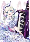  1girl :d absurdres bang_dream! bangs blue_eyes braid choker commentary_request confetti dress frilled_dress frilled_sleeves frills hair_ribbon hairband highres instrument keytar long_hair looking_at_viewer neck_ribbon open_mouth ribbon ribbon_trim short_sleeves sleeve_ribbon smile solo streamers twin_braids twitter_username wakamiya_eve white_choker white_dress white_hair white_neckwear white_ribbon wristband zassou_(ukjpn) 