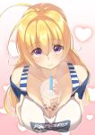  1girl absurdres ahoge between_breasts blonde_hair breast_hold breasts bubble_tea bubble_tea_challenge collarbone commentary_request cup disposable_cup drinking_straw from_above hakoniwa-boxer heart heart_background highres large_breasts lena_liechtenauer looking_at_viewer off-shoulder_shirt off_shoulder pink_background purple_eyes raglan_sleeves senren_banka shirt solo striped striped_shirt sweat yuzu-soft 