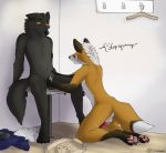  2019 animal_genitalia animal_penis anthro balls bdsm black_fur bondage bound brown_fur canid canine canine_penis canis chastity_cage chastity_device clothes_hangar clothes_on_floor crotch_grab ctahrpoe digital_media_(artwork) domination duo erection fitting_room forced fox fur grope hair hi_res humiliation inside kneeling male male/male mammal nude orgasm_denial penis pivoted_ears sex shaded sitting story story_in_description submissive submissive_male tan_fur teasing text white_hair wolf 