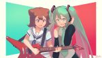  2girls :d aqua_eyes aqua_hair aqua_neckwear bang_dream! bangs blue_neckwear blue_shirt brown_hair crossover detached_sleeves electric_guitar green_background grey_shirt guitar hair_ornament hanasakigawa_school_uniform hand_on_headphones hatsune_miku headset highres instrument long_hair medium_hair multiple_girls music neckerchief necktie open_mouth pinepizza playing_instrument plectrum red_background school_uniform serafuku shirt short_sleeves smile star star_hair_ornament tie_clip toyama_kasumi twintails twitter_username upper_body very_long_hair vocaloid 