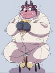  00murice 2019 anthro belly beverage bodily_fluids bottomwear clothing humanoid_hands male mammal overweight overweight_male pants shirt simple_background sitting solo suit sweat tokyo_afterschool_summoners topwear tsathoggua video_games 