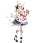  1girl animal_ear_fluff animal_ears bangs bare_shoulders black_bow black_footwear black_skirt blush bow brown_eyes cat_ears cat_girl cat_tail closed_mouth eyebrows_visible_through_hair frilled_legwear frilled_skirt frills full_body grey_hair hair_between_eyes hair_bow high_heels holding holding_stuffed_animal kneehighs long_hair looking_at_viewer original pleated_skirt puffy_short_sleeves puffy_sleeves shikito shirt shoes short_sleeves sign simple_background skirt solo standing striped striped_legwear stuffed_animal stuffed_toy tail teddy_bear translation_request very_long_hair white_background white_shirt 