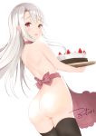  1girl apron artist_name ass black_legwear blush cake fang fate/kaleid_liner_prisma_illya fate_(series) food highres illyasviel_von_einzbern long_hair looking_at_viewer looking_back naked_apron open_mouth red_apron red_eyes silver_hair simple_background solo thighhighs white_background zotari 