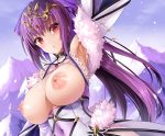  blush breasts choker clouds cropped fate/grand_order fate_(series) headdress long_hair nipples no_bra oni-noboru ponytail purple_hair red_eyes scathach_(fate/grand_order) sky torn_clothes waifu2x 