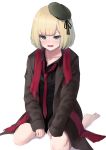  1girl alternate_costume bangs barefoot black_shirt blonde_hair brown_jacket ebiry_fy eyebrows_visible_through_hair fate/grand_order fate_(series) green_eyes green_headwear hat highres jacket kneeling looking_at_viewer lord_el-melloi_ii_case_files necktie red_neckwear reines_el-melloi_archisorte shirt short_hair simple_background sleeves_past_wrists solo v-shaped_eyebrows white_background 