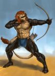  abs arrow athletic bow bulge cloth clothing cybernetics cyborg felid invalid_tag lion loincloth machine male mammal mane muscular nexus owlflame pantherine pouch_(disambiguation) red_mane solo visor 