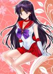  1girl back_bow bishoujo_senshi_sailor_moon black_hair bow choker commentary_request earrings elbow_gloves floral_background gloves highres hino_rei inner_senshi jewelry leotard looking_at_viewer oyaman pleated_skirt purple_bow purple_eyes red_background red_bow red_choker red_sailor_collar red_skirt sailor_collar sailor_mars sailor_senshi_uniform sitting skirt smile solo star star_earrings twitter_username white_gloves white_leotard 