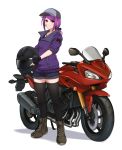  1girl airisubaka bangs black_gloves black_legwear boots breasts brown_footwear collarbone commentary eyebrows_visible_through_hair fingerless_gloves full_body gloves ground_vehicle hat helmet highres jacket jewelry leah_(airisubaka) long_hair looking_at_viewer medium_breasts motor_vehicle motorcycle motorcycle_helmet necklace original purple_hair purple_jacket short_shorts shorts simple_background smile solo thighhighs white_background yellow_eyes 