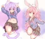  2girls ahoge animal_ear_fluff animal_ears arms_up black_skirt blue_shirt blush bunny_ears bunny_tail cat_ears cat_tail clenched_hands crescent crescent_hair_ornament hair_ornament highres jumping kantai_collection legs_up long_hair low-tied_long_hair midriff multiple_girls navel ooba_jun paw_pose pink_eyes pink_hair purple_hair school_uniform serafuku shirt short_hair short_hair_with_long_locks simple_background sketch skirt smile solo tail thighs uzuki_(kantai_collection) white_background yayoi_(kantai_collection) 