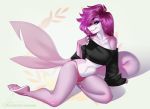  2019 anthro aomori digital_media_(artwork) female fish hair marine midriff navel pink_skin purple_hair shark simple_background solo 