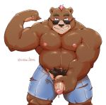  2019 anthro belly blush bottomwear brown_fur clothing eyewear fur hi_res humanoid_hands humanoid_penis jumperbear male mammal moobs navel nipples overweight overweight_male penis shorts simple_background solo sunglasses ursid white_background 