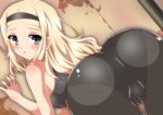  1girl against_wall aleksandra_i_pokryshkin ass bare_shoulders bent_over black_legwear black_panties blonde_hair blue_eyes blush bra brave_witches breasts cameltoe groin hairband isa_(ni-iro) long_hair looking_at_viewer looking_back open_mouth panties pantyhose shiny shiny_clothes shiny_hair shiny_skin small_breasts solo sports_bra underwear world_witches_series 