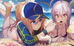  2girls ahoge akieda artoria_pendragon_(all) baseball_cap beach bikini blonde_hair blue_eyes breast_press fate/grand_order fate_(series) food grin hat highres ice_cream legs_up lying multiple_girls mysterious_heroine_x_(alter) mysterious_heroine_xx_(foreigner) ocean on_stomach ponytail saint_quartz sand sharing_food smile starfish swimsuit yellow_eyes 