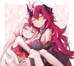  2girls absurdres ahoge animal_ear_fluff animal_ears black_bra black_jacket bra breasts bunny_ears camisole carrying choker cleavage commentary_request hair_ornament hairclip highres horns hug jacket large_breasts long_hair low_twintails magrona magrona_channel multiple_girls navel official_art pink_eyes princess_carry red_camisole red_hair shippitsu smile tomari_mari tomari_mari_channel twintails underwear upper_body virtual_youtuber white_jacket yellow_eyes 