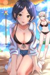  2girls ball beach beach_umbrella beachball bikini bikini_under_clothes blue_hair breasts brown_eyes cleavage collarbone commentary_request denim denim_shorts front-tie_bikini front-tie_top grey_hair haruki_(haruki678) hayami_kanade highres idolmaster idolmaster_cinderella_girls large_breasts leaning_forward looking_at_viewer multiple_girls ocean open_clothes open_shirt pointing pointing_up shiomi_shuuko shirt short_hair shorts sitting swimsuit umbrella wariza white_shirt 