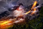  2016 ambiguous_gender day detailed_background digital_media_(artwork) dragon fantasy feral grass hi_res lava outside ryky sky solo standing volcano 