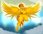  2019 5:4 5_fingers anthro areola big_breasts breasts cutie_mark digital_media_(artwork) equestria_girls equid feathered_wings feathers female fingers hi_res horn huge_breasts looking_at_viewer mammal my_little_pony navel nipples pussy solo spread_wings suirano sunset_shimmer_(eg) thick_thighs winged_unicorn wings 
